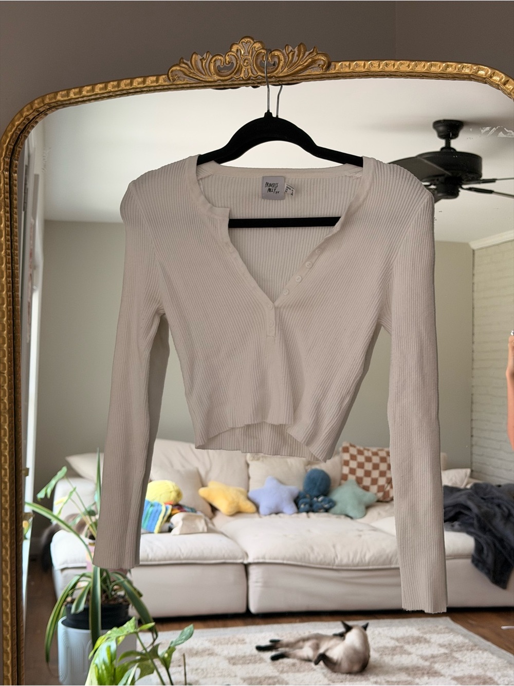 Princess Polly Keslie White Ribbed Long-Sleeve Henley Top Size 6